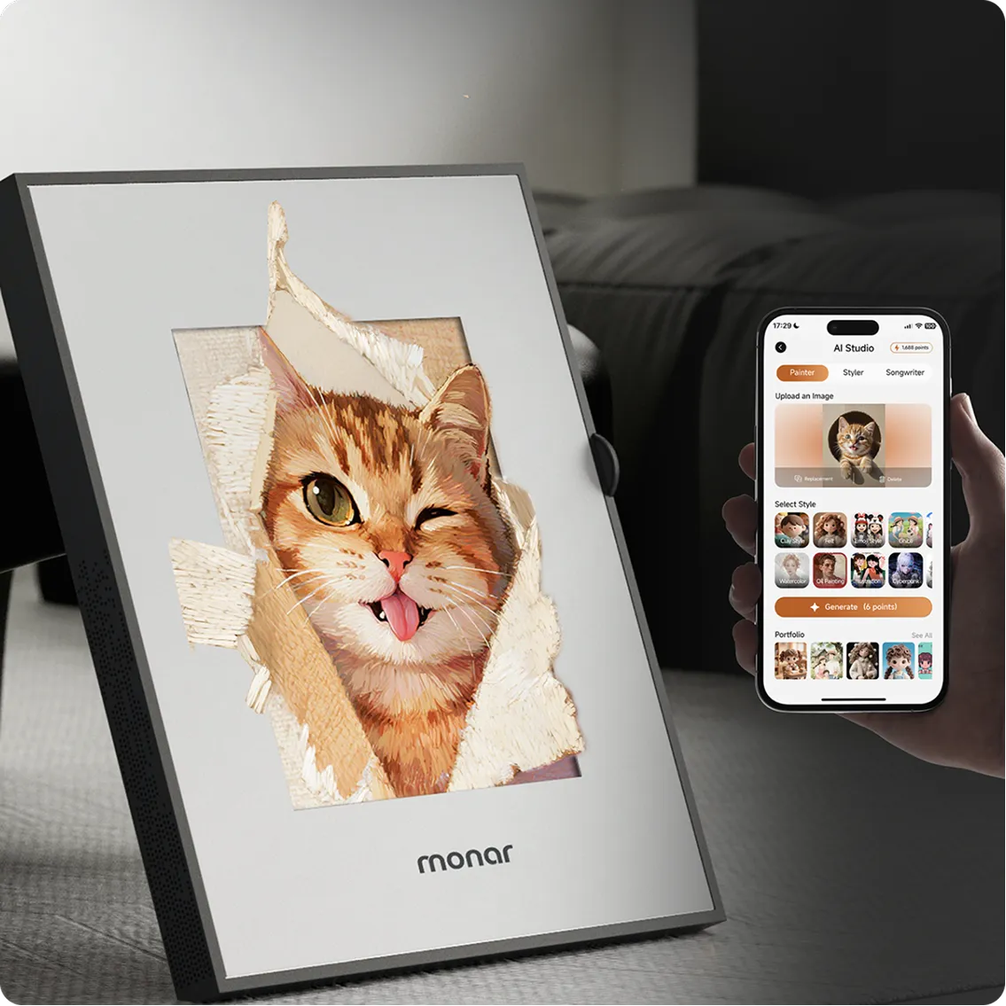 Monar speaker displaying AI generated art