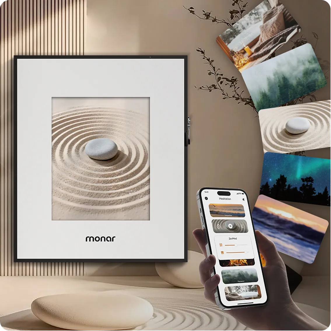 Monar speaker displaying meditation scene