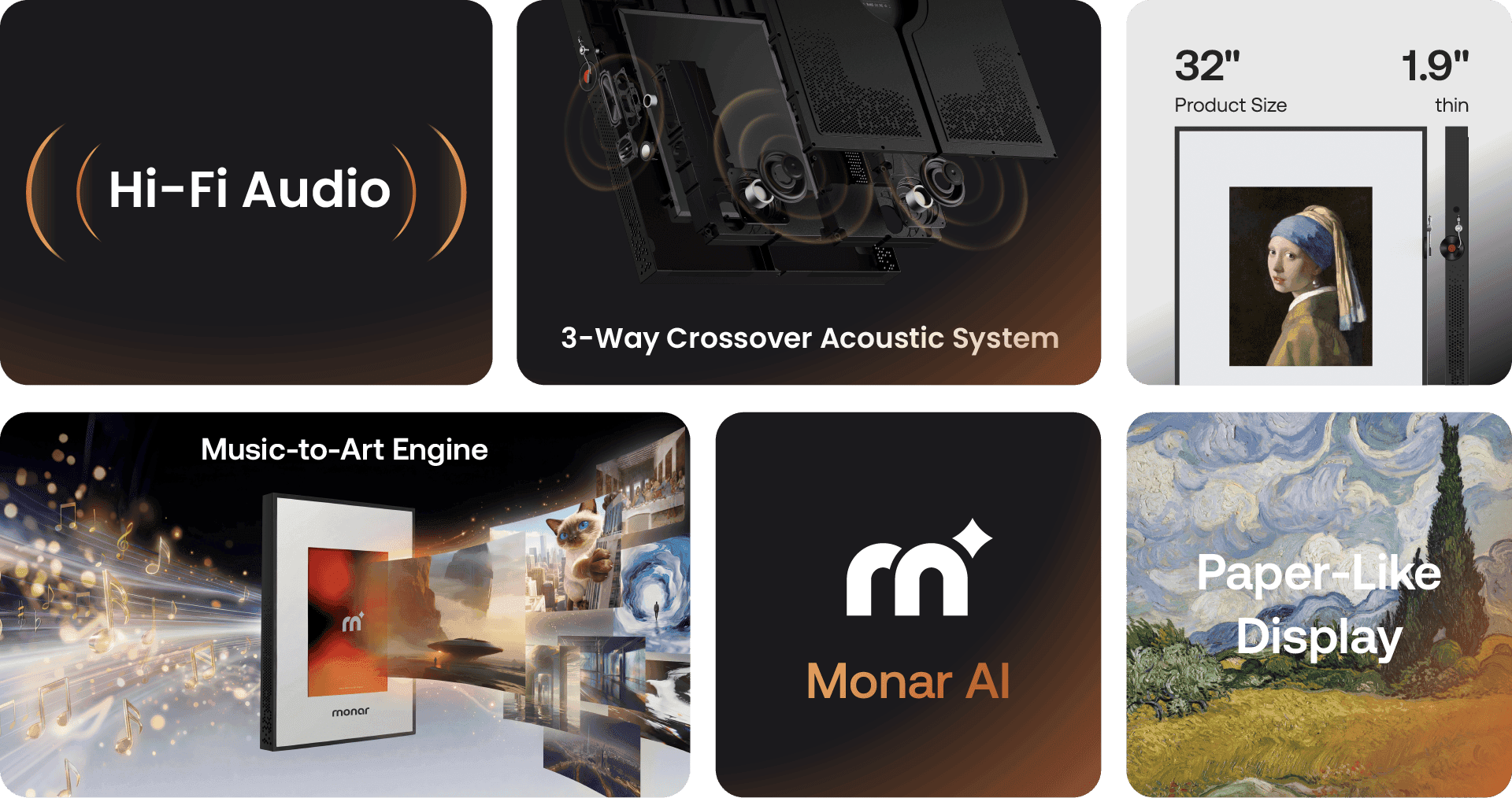 Monar Features: Hi-Fi Audio, 3-Way Crossover Acoustic System, 32-inch 4.9cm thin Profile, Music-to-Art Engine, Monar AI, and Paper-Like Display